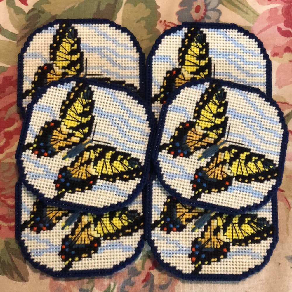 Vintage MONARCH BUTTERFLY Needlepoint in Clouds on Felt COASTER Set-of-6 4”x4” - Picture 3 of 16